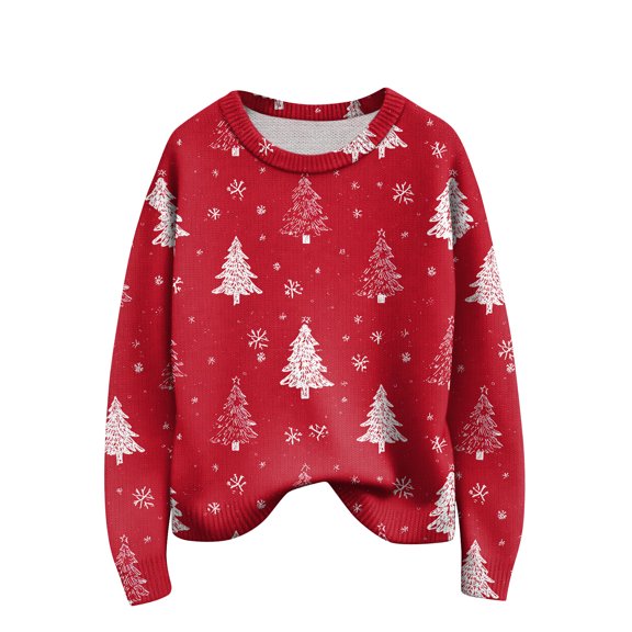 Women Christmas Tree Sweater - Crewneck,Long Sleeve,Knit,04-Red,Large