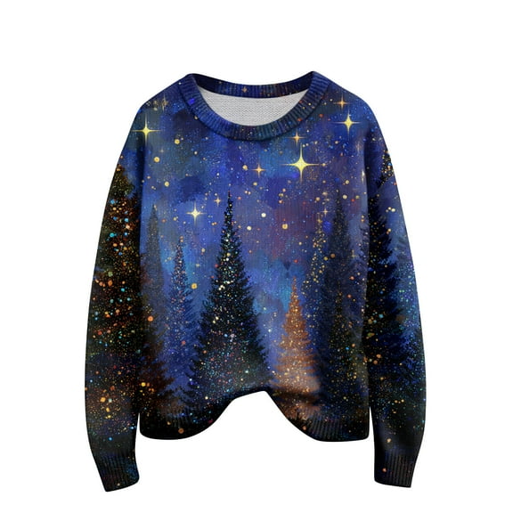 Women Christmas Tree Sweater - Crewneck,Long Sleeve,Knit,Dark Purple,Large