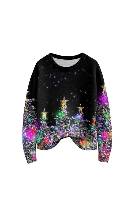 Women Christmas Tree Sweater - Crewneck,Long Sleeve,Knit,Purple,Large