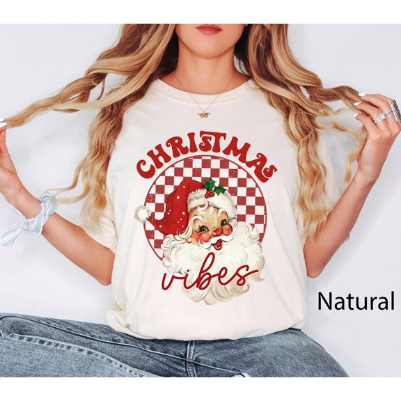 Women Christmas Vibes Retro Merry Christmas Santa Holiday Xmas Gift T-Shirt