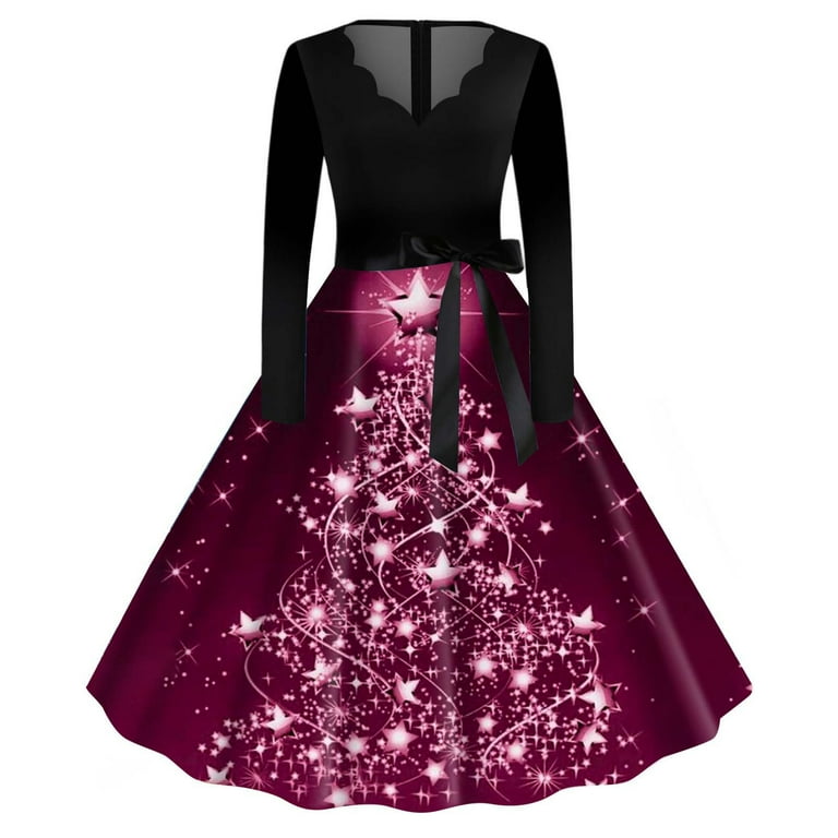 Women Christmas Vintage Dresses Plus Size Santa Snowflake Print Swing Skirt 50s A Line Flare Lace Dress To Evening Party Prom Walmart