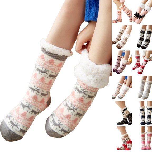 Women Christmas Warm Crew Socks Cozy Knit Thermal Socks Soft Sherpa Fleece Lined Cuff Holiday Pattern Slipper Socks Thick Plush Indoor Lounge Sleep Bed Socks for Girls Cold Weather Gift D