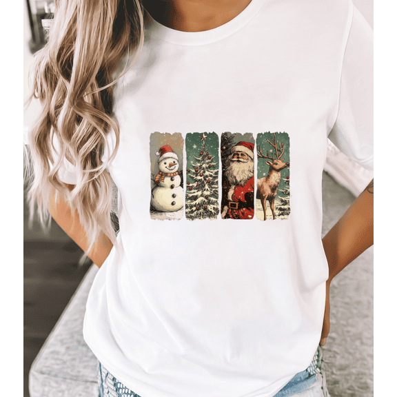 Women Christmas four-grid Santa Claus and Snowman Trendy Comfortable round-neck short-sleeved White S-5XL