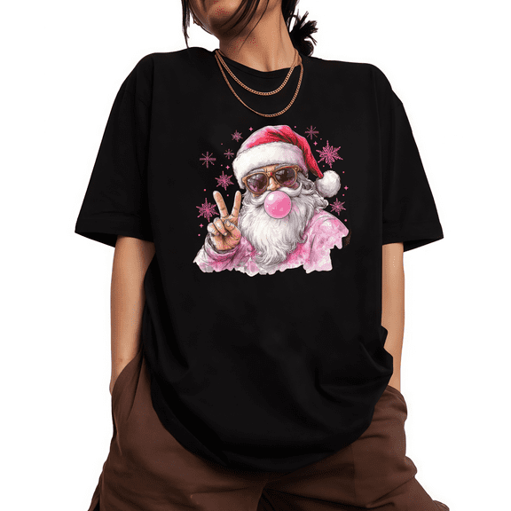 Women Christmas pink snowflake Santa Claus blowing bubbles round-neck short-sleeved Trendy comfortable black S-5XL