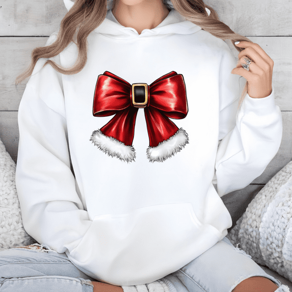 Women Christmas red Santa Claus color series bow pattern Trendy comfortable Hooded long-sleeved White,S-2XL