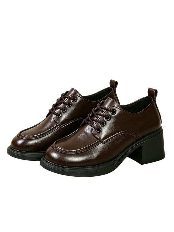 Women Chunky Block Heel Oxford Shoes Lace up Mid Heel Platform Loafers Comfortable Casual Commuter Walking Dress Shoes for Ladies Brown 6.5(37)