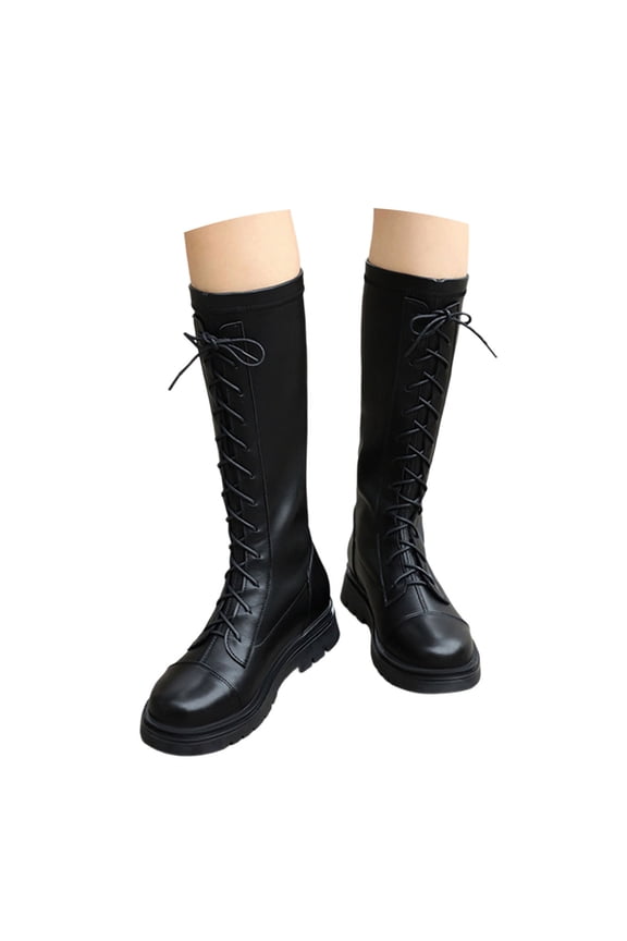Women Chunky Block Low Heel Round Toe Mid Calf Lace-up Zipper Dress Classic Shoes,Girls Lace Up Riding Boots Mid Calf Boots PU Leather Side Zipper Punk Boot 3 14 Years