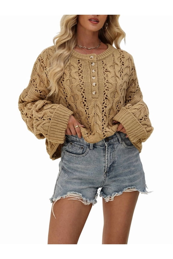 Women Chunky Cable Crop Sweater Pullover Casual Half Button Flared Long Sleeve Jumper Tops Khaki XL
