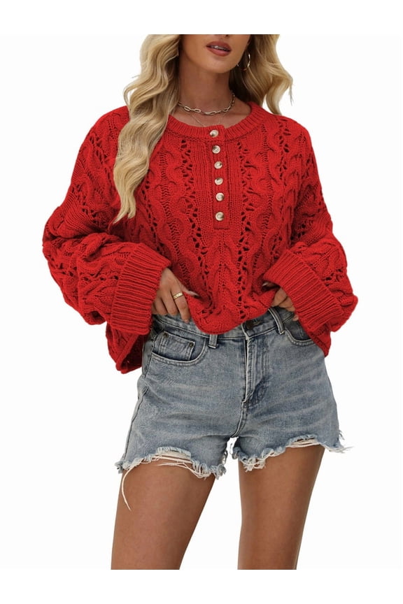 Women Chunky Cable Crop Sweater Pullover Casual Half Button Flared Long Sleeve Jumper Tops Red M