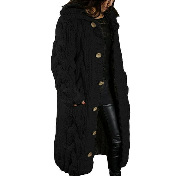 Women Chunky Cable Knit Long Sleeve Cardigan Fall Winter Oversized Button Down Sweaters with Pocket Black L