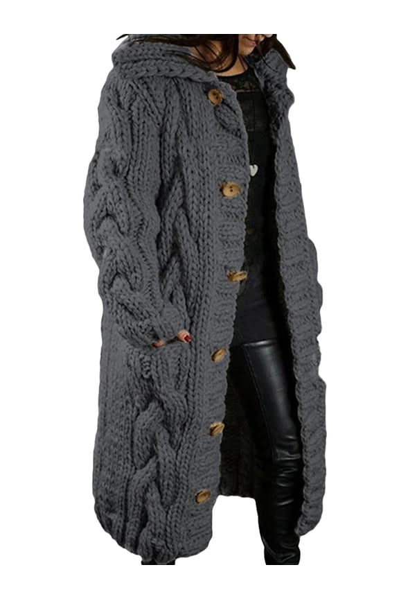 Women Chunky Cable Knit Long Sleeve Cardigan Fall Winter Oversized Button Down Sweaters with Pocket Dark Gray XXL