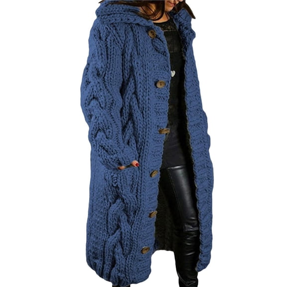 Women Chunky Cable Knit Long Sleeve Cardigan Fall Winter Oversized Button Down Sweaters with Pocket Denim Blue XL