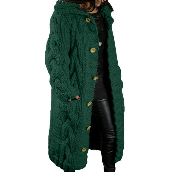 Women Chunky Cable Knit Long Sleeve Cardigan Fall Winter Oversized Button Down Sweaters with Pocket Green L