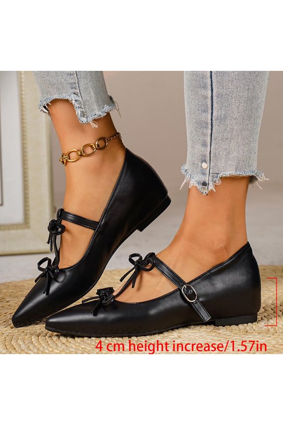 Women Chunky Heel Pumps, Large Size Comfortable Casual Shoes with Pointed Toe Buckle and Bowknot, All-Match British Style Footwear for Work, Office, Daily Wear