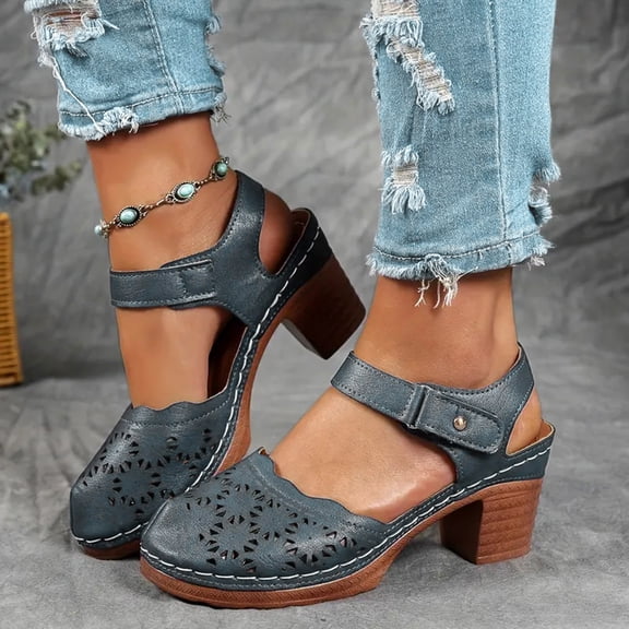 Women Chunky Heels Sandals ,Fashion Breathable Closed Toe Walking Footwear Comfortable Ladies Dress Dance Party Casual Shoe Hook Loop Strap Summer Indoor/Outdo