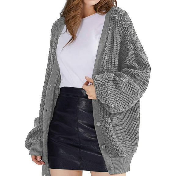 Women Chunky Knit Cardigan Long Sleeve V Neck Button Up with Pocket Sweater Coat for Fall and Winter Gray XXXL