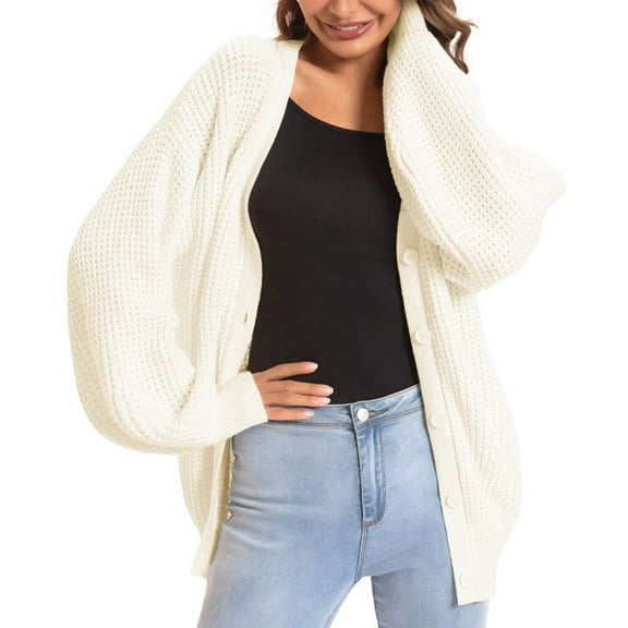 Women Chunky Knit Cardigan Long Sleeve V Neck Button Up with Pocket Sweater Coat for Fall and Winter White XXXL