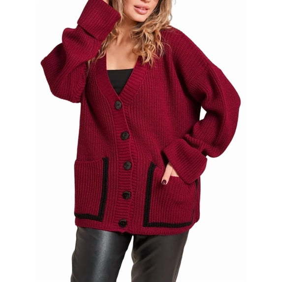 Women Chunky Knit Cardigan Sweater Long Sleeve V Neck Button Up Cardigan with Pocket for Fall and Winter Red XL