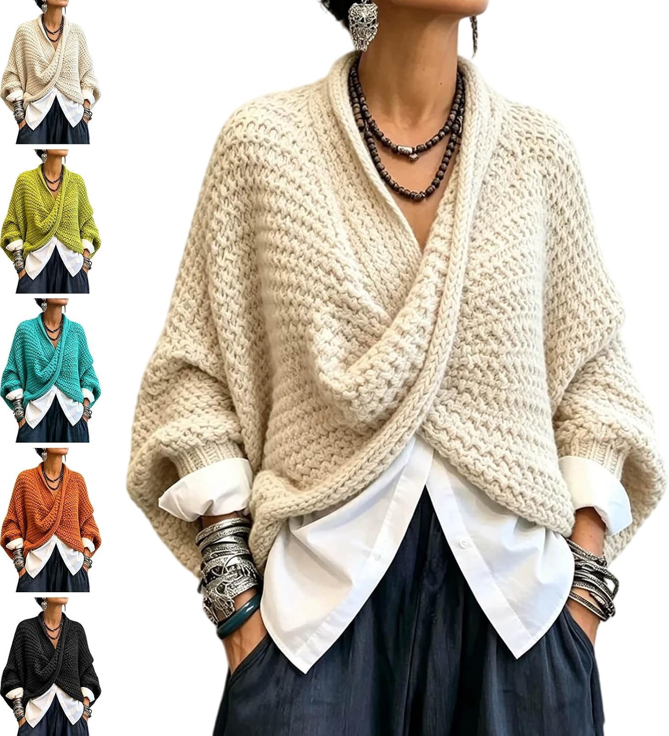 Women Chunky Knit Crossover Wrap Pullover, 3/4 Sleeve Batwing Sweaters ...