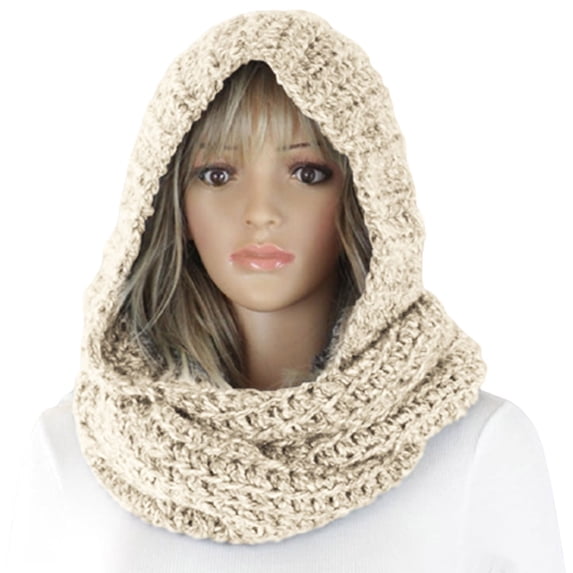 Women Chunky Knit Hooded Infinity Scarf Thick Warm Winter Neck Wrap 2 In 1 Hat Scarf Outdoor Accessory Beige One Size