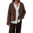 thumbnail image 1 of Women Chunky Knit Open Front Sweater Long Sleeve Button Loose Short Cardigan Outerwear Coats Brown L, 1 of 9