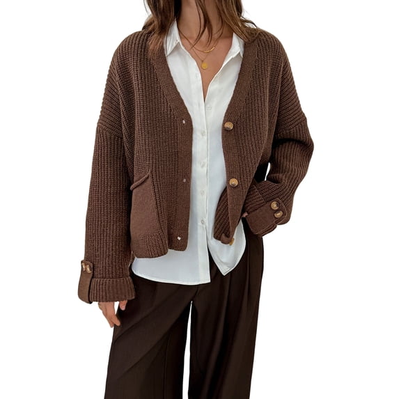 Women Chunky Knit Open Front Sweater Long Sleeve Button Loose Short Cardigan Outerwear Coats Brown L