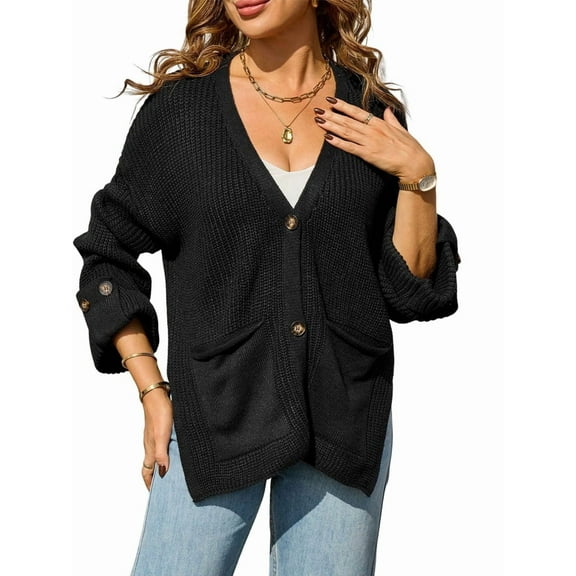 Women Chunky Knit Sweater Long Sleeve V Neck Button Up Cardigan with Pocket Coat for Fall and Winter Black S