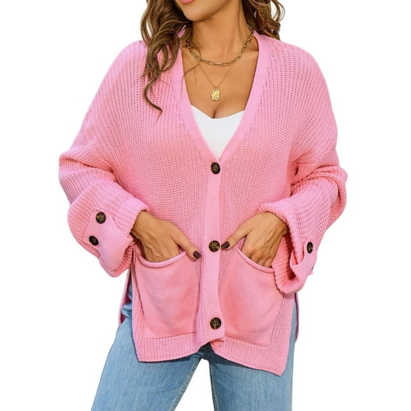 Women Chunky Knit Sweater Long Sleeve V Neck Button Up Cardigan with Pocket Coat for Fall and Winter Pink L