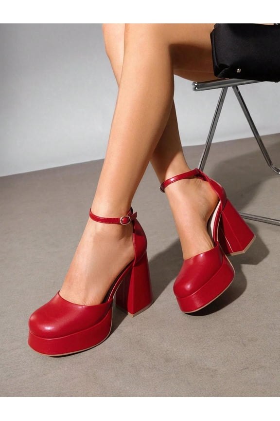 Women Chunky Platform High Heels Closed Toe Block Ankle Strap Dress Prom Wedding Party Pumps
