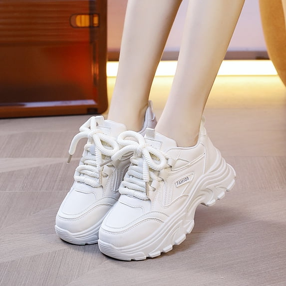 Women Chunky Platform Sneakers, Thick Rope Lace Faux Leather Comfort Casual Daily Walking Fashion Athletic Shoes