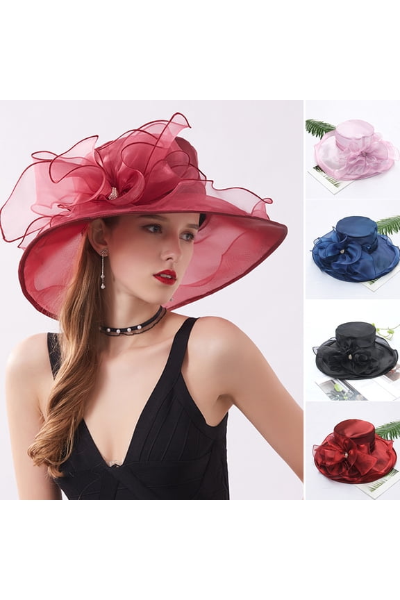 Women Church Cap Wide Brim Cloth Flower Temperament Foldable Rhinestones Buckle Hat for Wedding