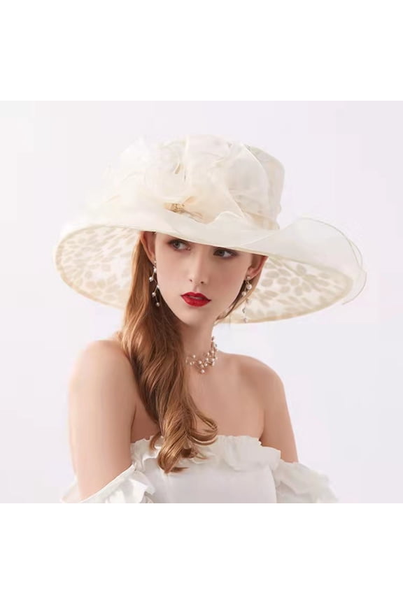 Women Church Hat Organza Flower Wide Brim Fascinator Hats Wedding Tea Party Occasion Cap