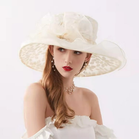 Women Church Hat Organza Flower Wide Brim Fascinator Hats Wedding Tea Party Occasion Cap