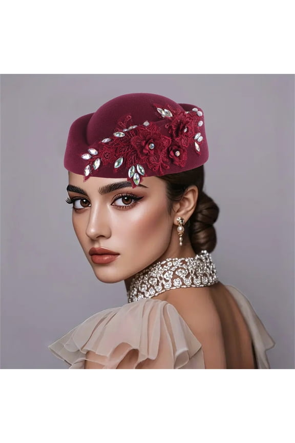 Women Church Hats Flower Applique Pillbox Hats Tea Caps Vintage Felt Hat Winter Hats