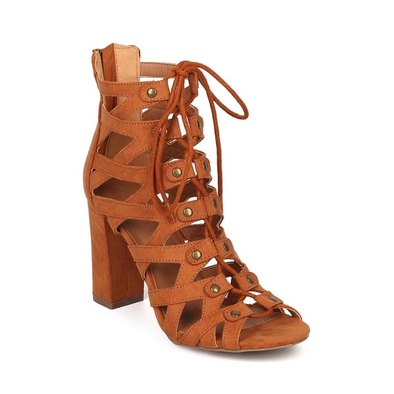 Women Cigar Chunky Heel Sandal - Caged Cut Out Block Heel - Lace Up Heel - Peep Toe Heel - GI34 By Wild Diva
