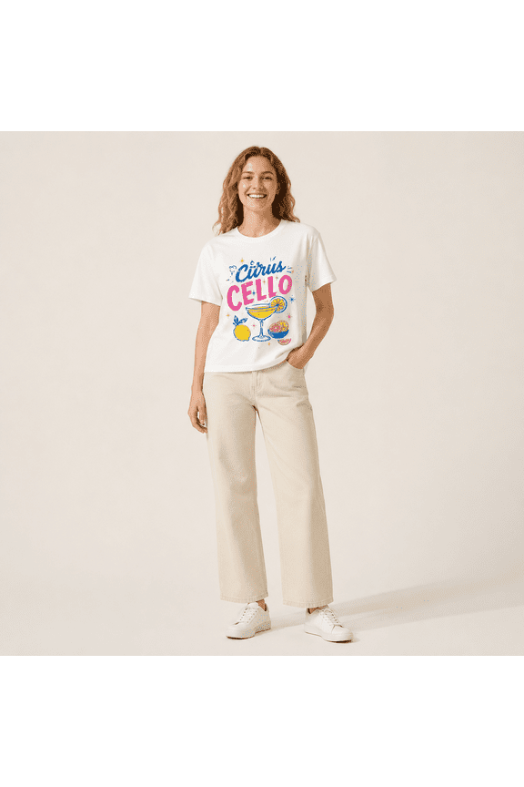 Women Citrus Cello Graphic T-Shirt White Short Sleeve Crew Neck Lemon Drink Print Summer Casual Tee
