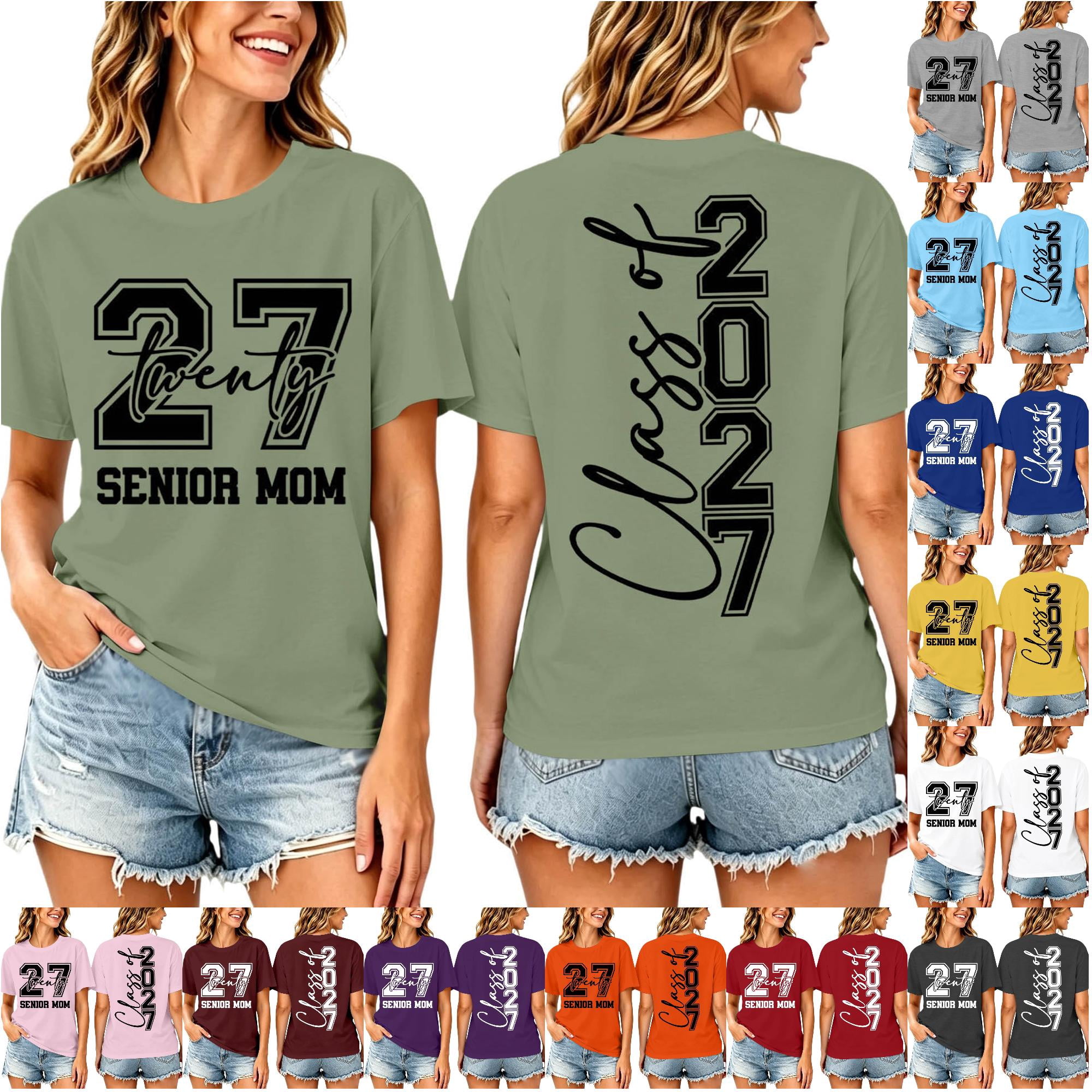 Graduation Neck Women Class of 2027 Senior Mom T‑Shirt Short Sleeve Crew Neck Front ...