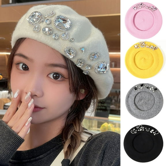 Women Classic Beret Wool French Retro Artist Beanie Hat Cap Winter Artist Painter Hat with Rhinestones