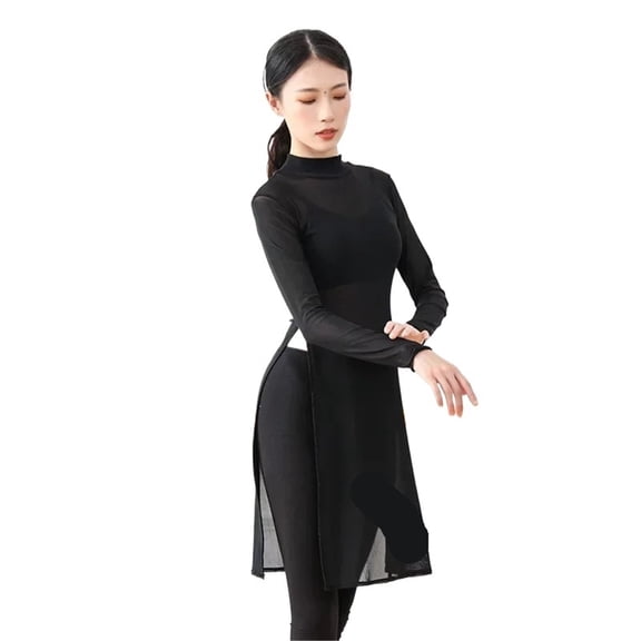 Women Classic Dance Body Rhyme Dance Training Service Mesh Dress Long Sleeve Yoga Dress