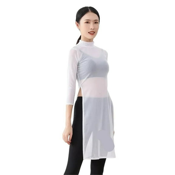 Women Classic Dance Body Rhyme Dance Training Service Mesh Dress Long Sleeve Yoga Dress