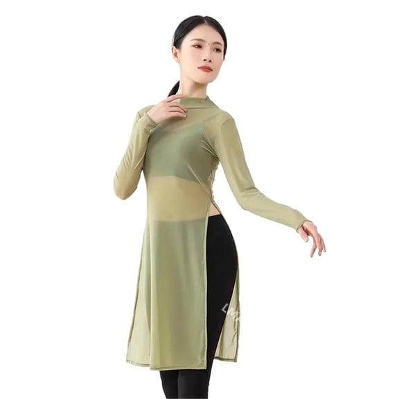 Women Classic Dance Body Rhyme Dance Training Service Mesh Dress Long Sleeve Yoga Dress