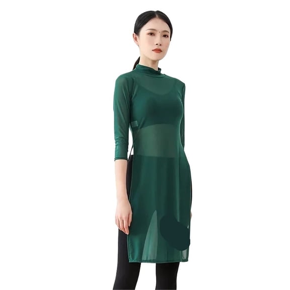 Women Classic Dance Body Rhyme Dance Training Service Mesh Dress Long Sleeve Yoga Dress