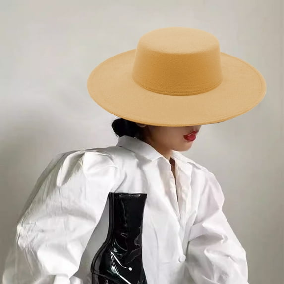 Women Classic Felt Fedora Hat Wide Brim Flat Top Felt Hat