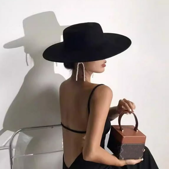 Women Classic Felt Fedora Hat Wide Brim Flat Top Felt Hat