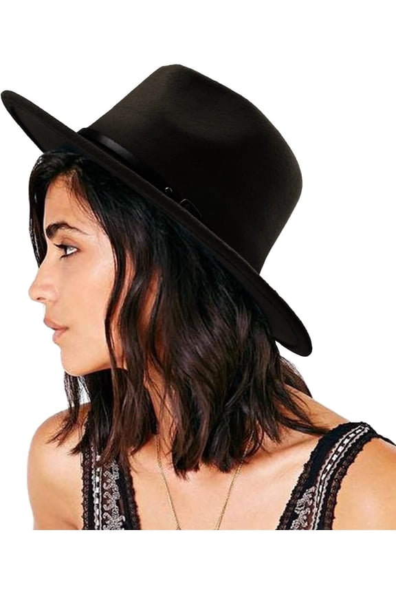 Women Classic Felt Fedora Wide Brim Floppy with Belt Buckle Panama Hat