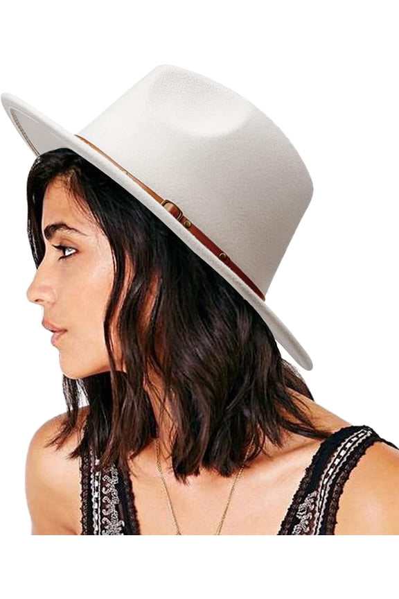 Women Classic Felt Fedora Wide Brim Floppy with Belt Buckle Panama Hat