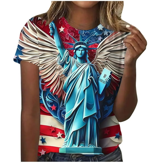 Women Classic-Fitted Crew Short Sleeve Tee,Independence Day Patriotic Floral Tops,Lightweight Comfort