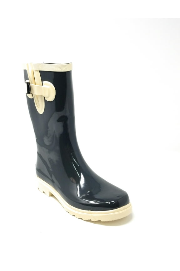 Women Classic Mid-Calf 11" Two-Tone Black & Beige Waterproof Rubber Rain Boots Wellies