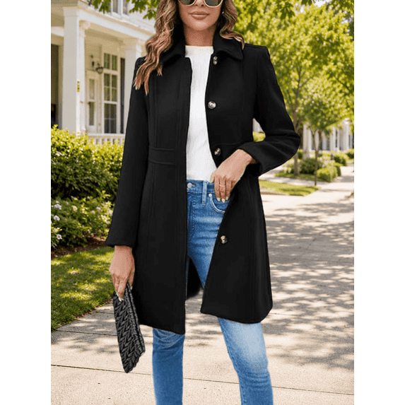 Women Classic Mid‑Length Lapel Coat Long Sleeve Button Front Casual Outer Coat