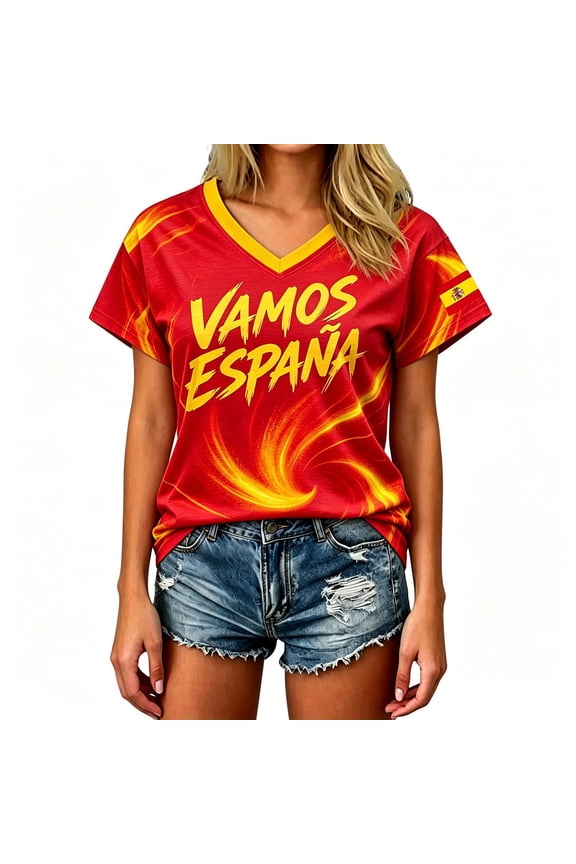 Women Classic Short Sleeve Jersey Top For Casual Graphic Tee With Print Lightweight Everyday Shirt Spain Team Football Match Game Day Size XXL